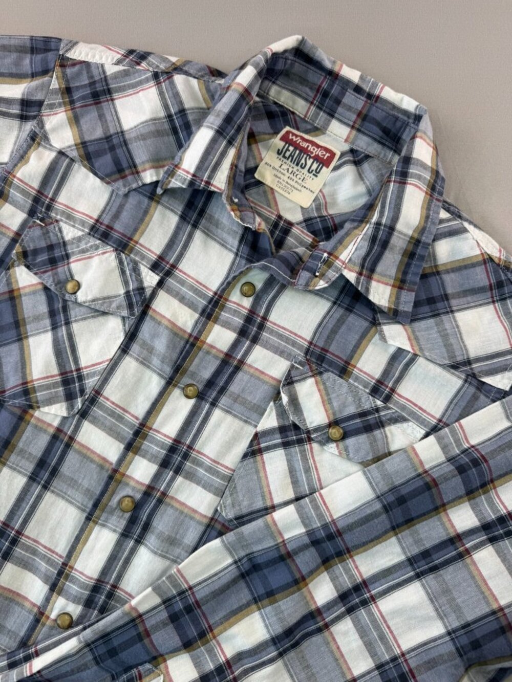 Wrangler Men's L Pearl Snap Plaid Long Sleeve Shirt Western Cowboy Horse Ranch